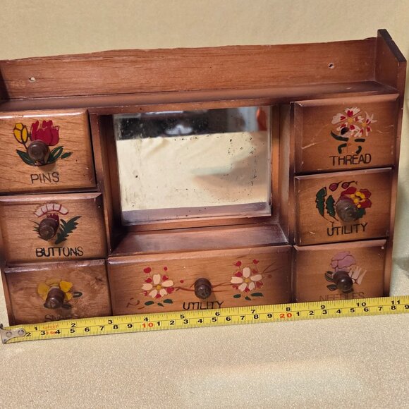 Vintage Sewing Notions Wood Wall/Countertop Cabinet with Drawers and Mirror - Picture 3 of 6